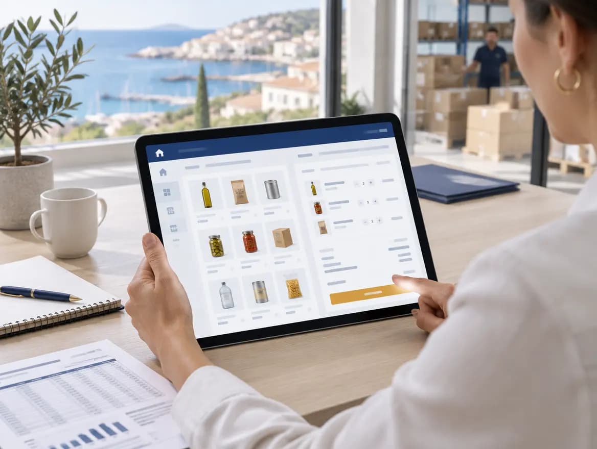 Tablette affichant un portail de commande B2B dans un bureau de distribution