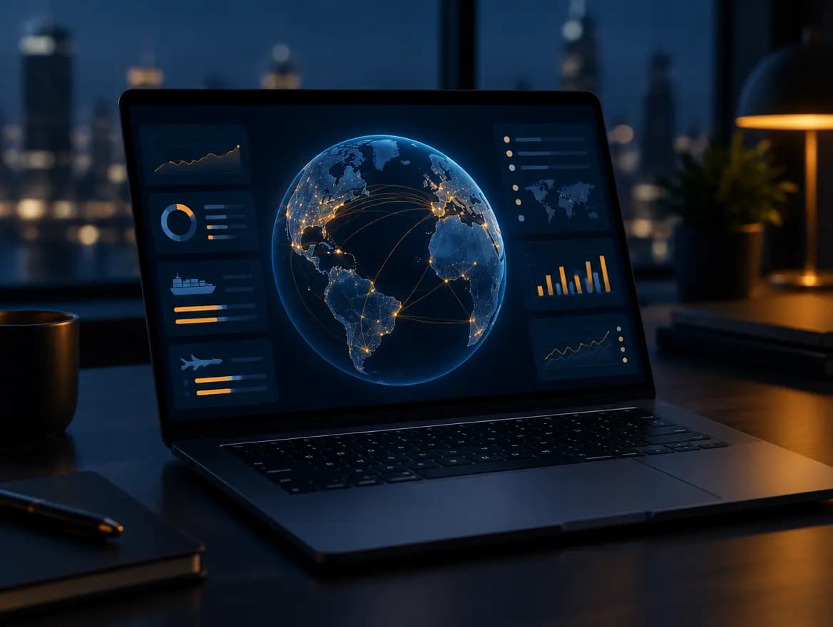 Ordinateur portable affichant un tableau de bord sombre avec un globe 3D et des routes commerciales