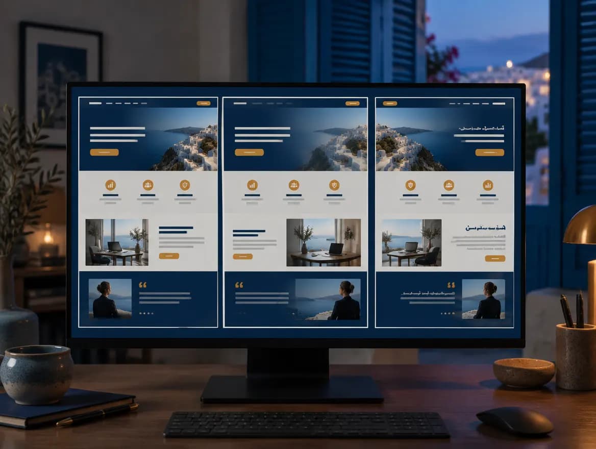 Écran affichant trois versions d'un même site, dont une en arabe de droite à gauche