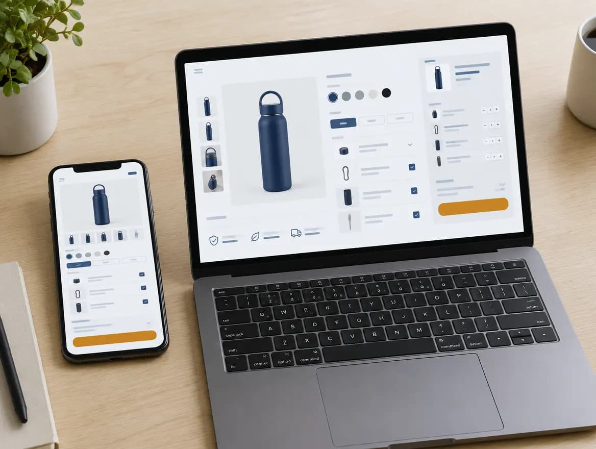 Ordinateur et téléphone affichant un configurateur de produit et un récapitulatif de commande