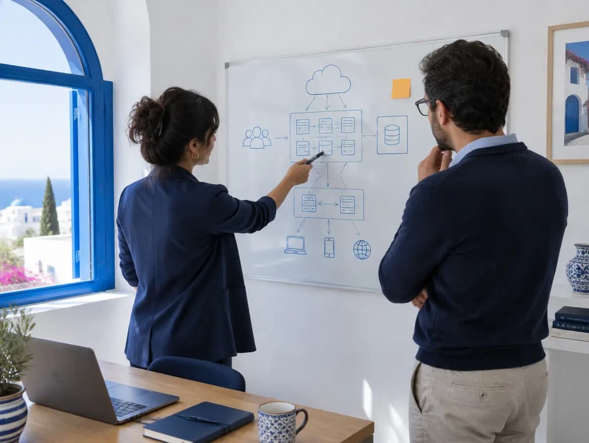 Deux consultants Shararah dessinent une architecture applicative sur un tableau blanc
